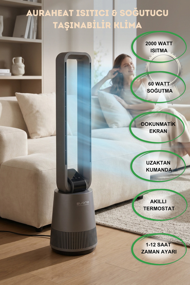 evona AuraHeat Elektronik Fanlı Isıtıcı & Soğutucu Klima, Taşınabilir,Uzaktan Kumanda, Sessiz Güç