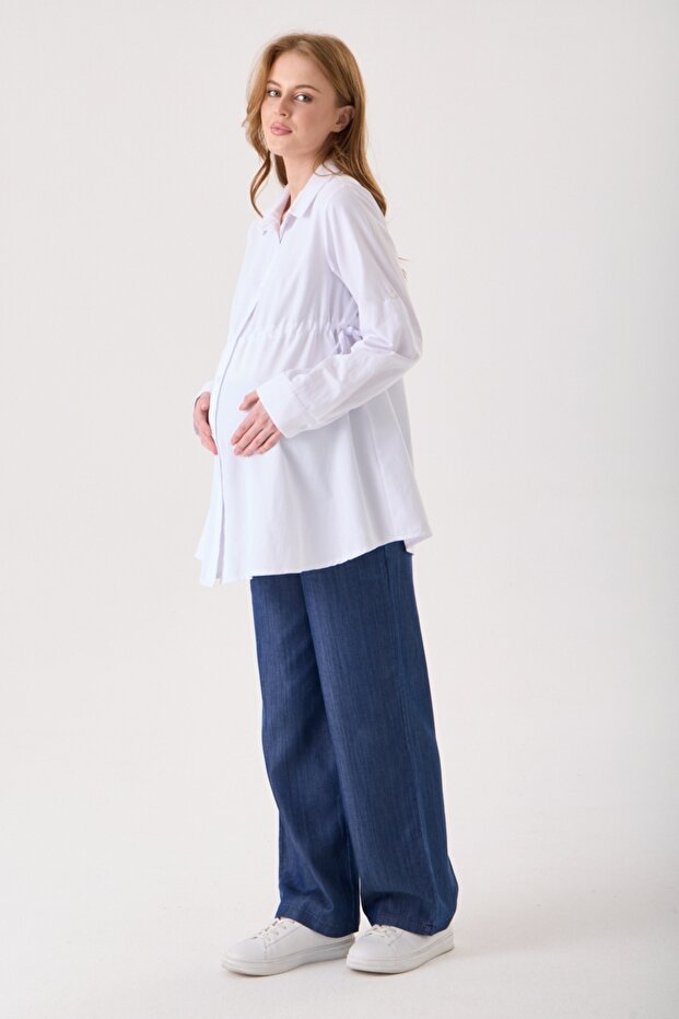 Maternity Shirt, White Poplin Cotton Fabric, Detailed with Side Ties and Folded Sleeves