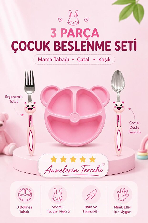 Baby 3 Piece Rabbit Figured Children's Fork Spoon and Food Plate set Baby Plate Fork Spoon Set (pink)