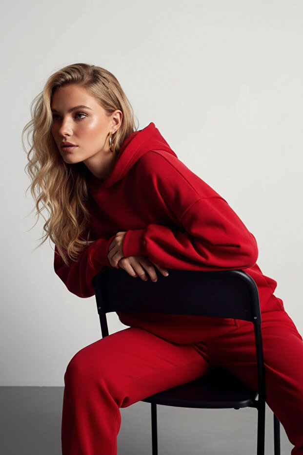 Women's 3 Thread Relaxed Fit Elastic Leg Kangaroo Pocket Tracksuit Set - Casual