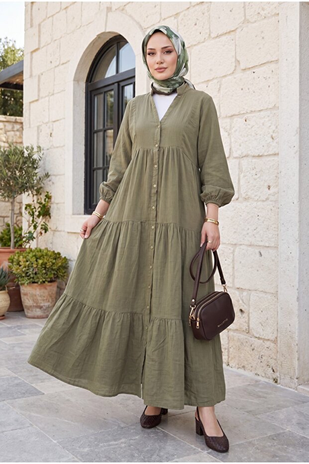 V-Neck Half-Buttoned Piece Muslin Dress with Elastic Sleeves -Khaki