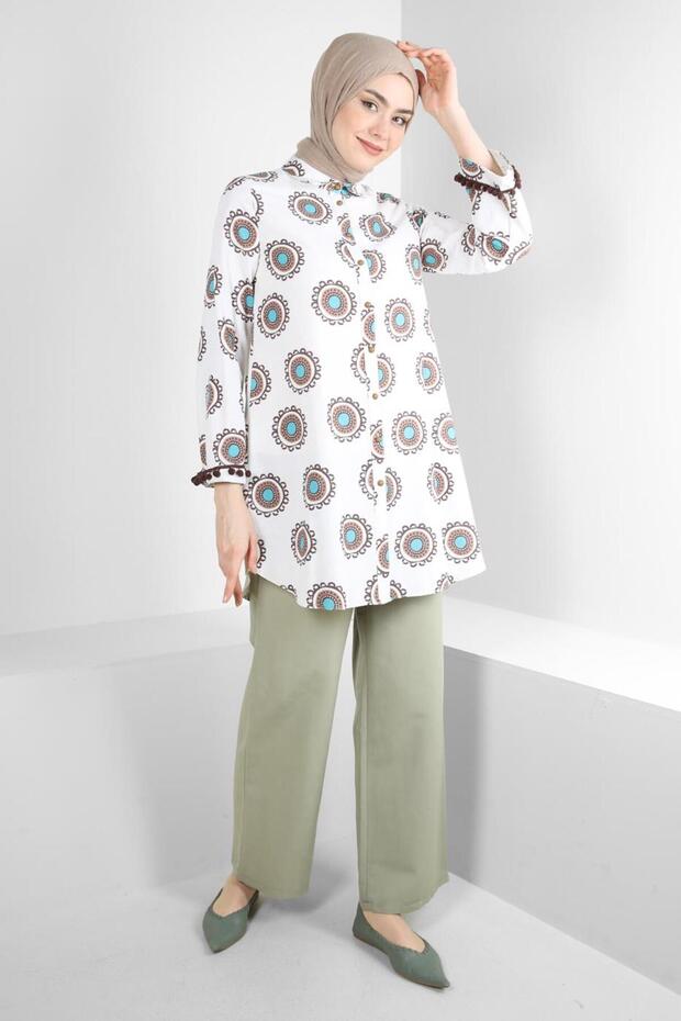 قميص منقوش بتفاصيل بومبون تونيك 43759