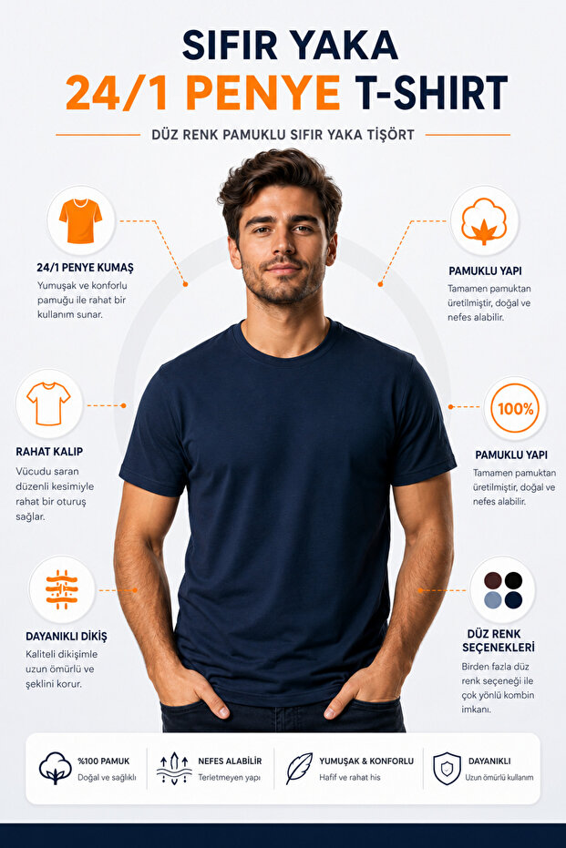 Men's Slim Fit Navy Blue Crew Neck Combed Cotton Casual Basic T-Shirt