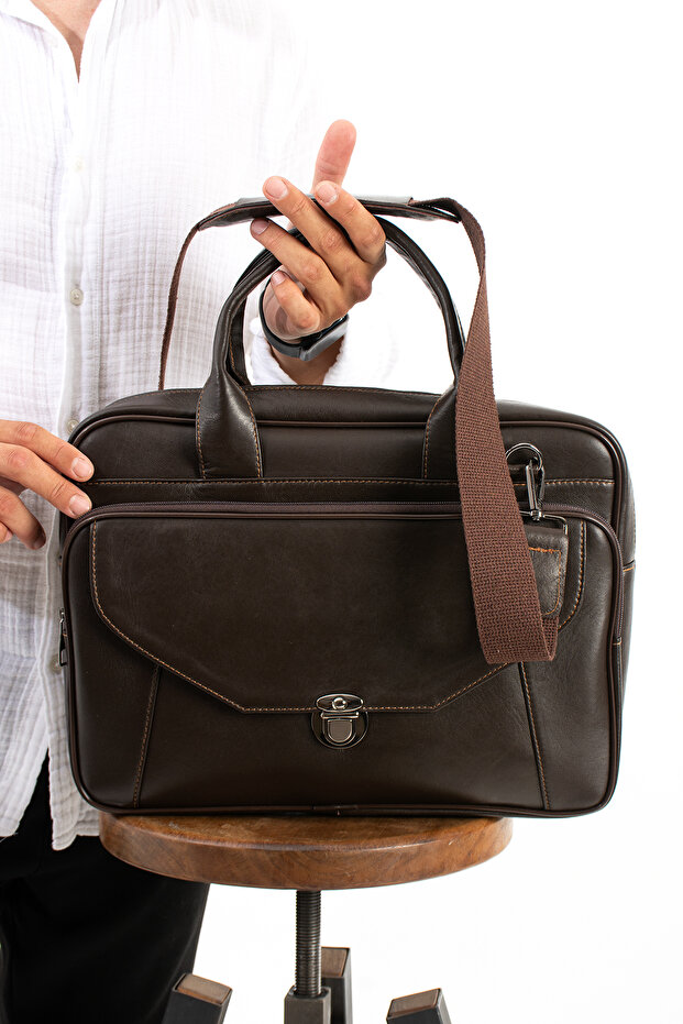 Genuine Leather Laptop and Briefcase Bag, Large Multi-Compartment, Brown Color