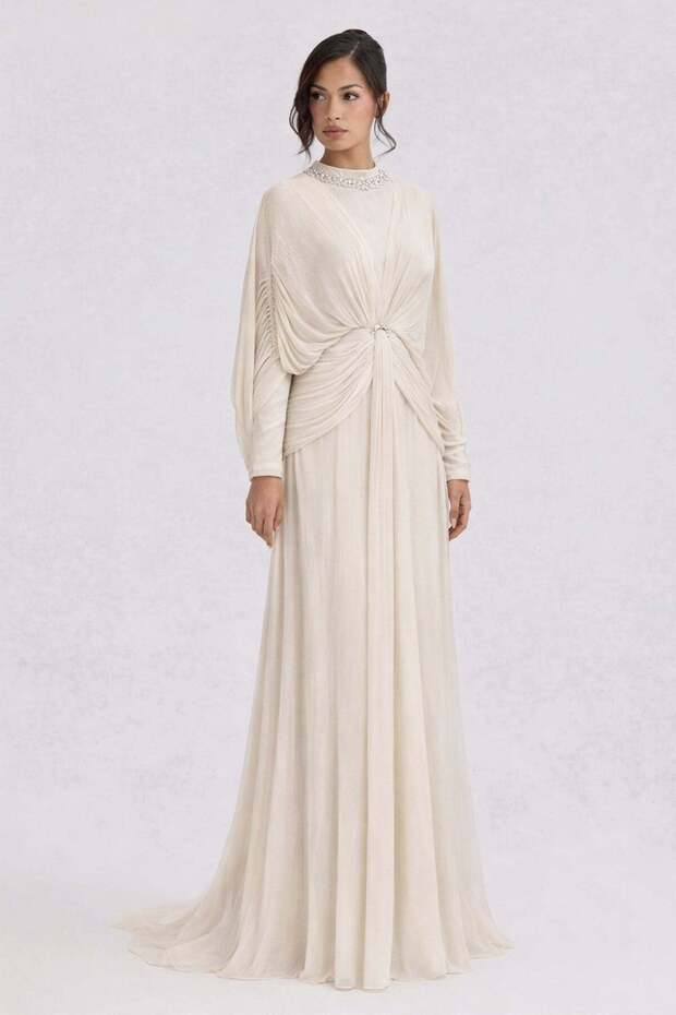 Yoryo Silk Hijab Evening Dress with Stone and Flywheel Detail Taş 1254