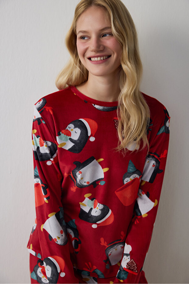 Red Penguin Patterned Thermal Effect Pajama Set - 3