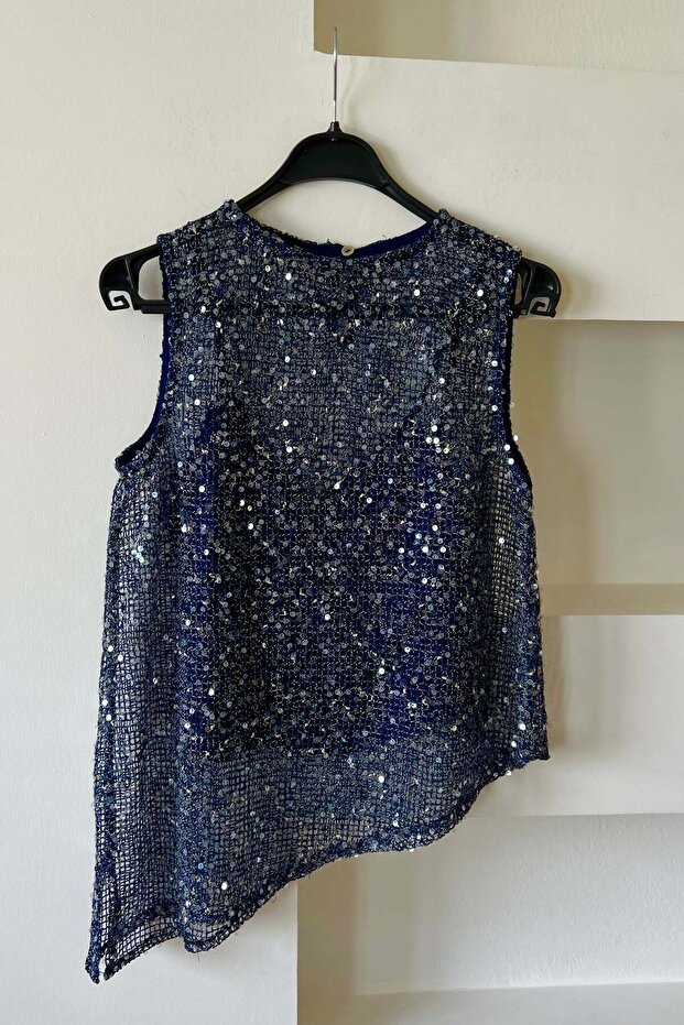 Zr Navy Blue Sequined Mesh Blouse