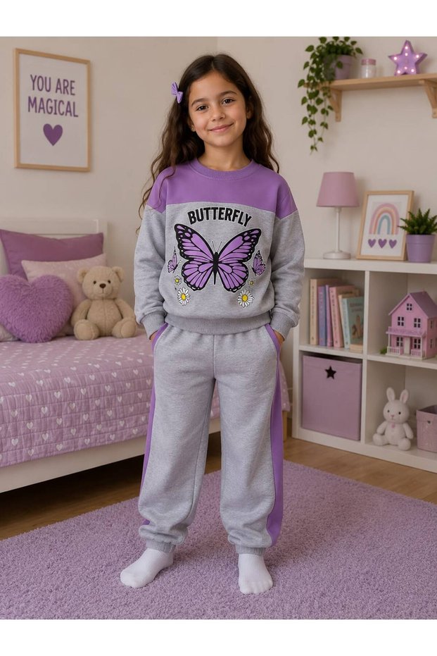Girl's 100% Cotton Butterfly Daisy Patterned Long Sleeve Gray Purple Color Seasonal Tracksuit Set