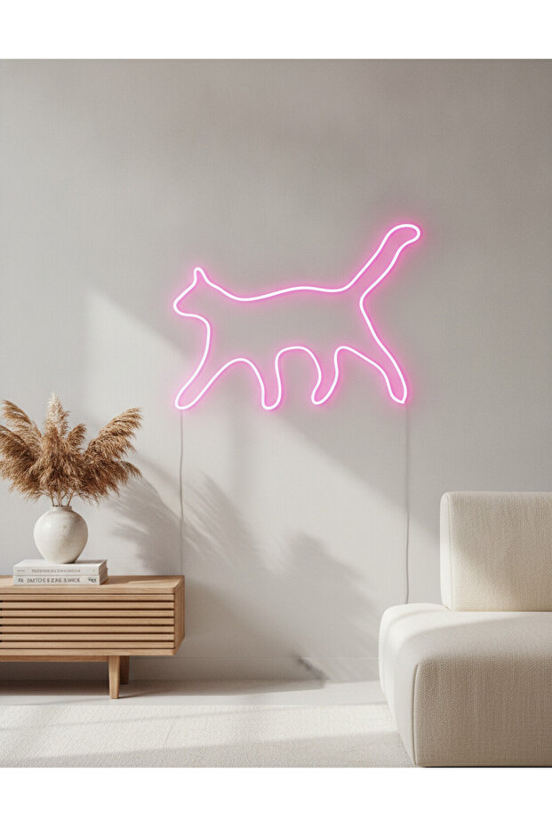 Kedi Figürlü LED Neon Duvar Tablosu | Pembe Aydınlatmalı Modern Dekor | Farklı Boyut Seçenekli Salon Hediye - 4