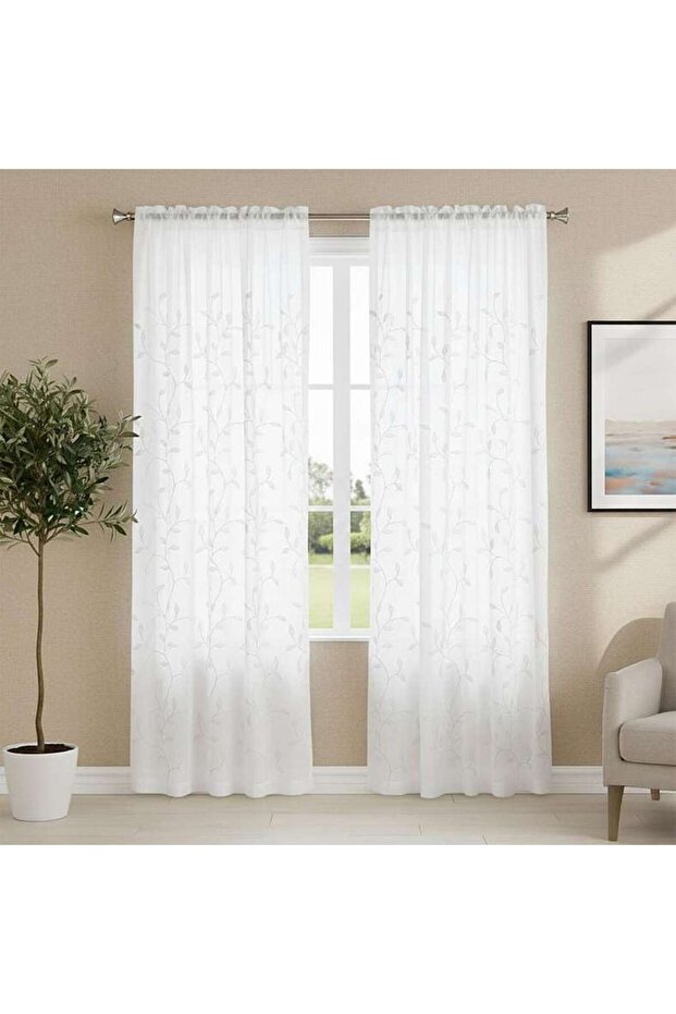 Foliage Trail Sheer Curtain Pair 135x240cm-white