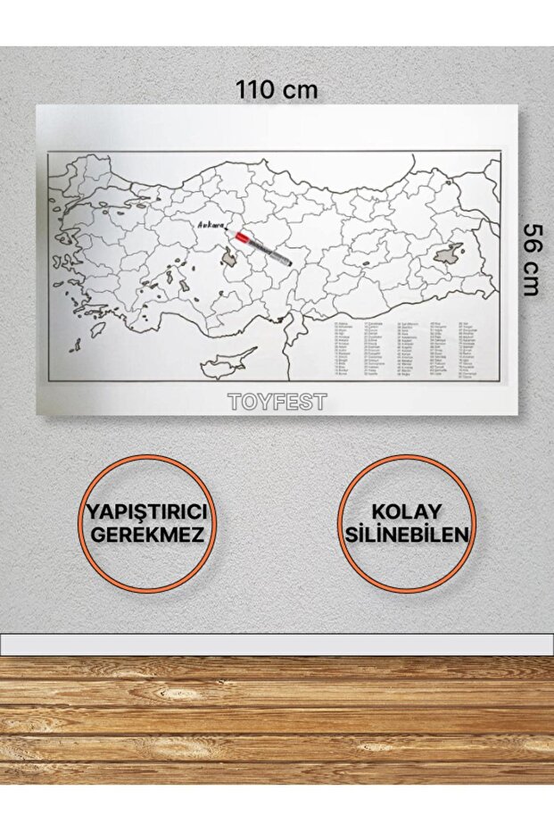 Türkiye Map that Self-Magnetically Adheres to the Wall and Can Be Written and Erased 110 X 56 Cm