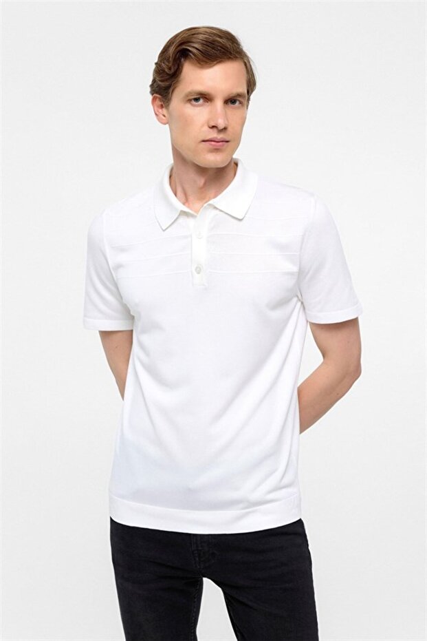 Beyaz Regular Düz Düğmeli Polo Yaka Kazak - 3