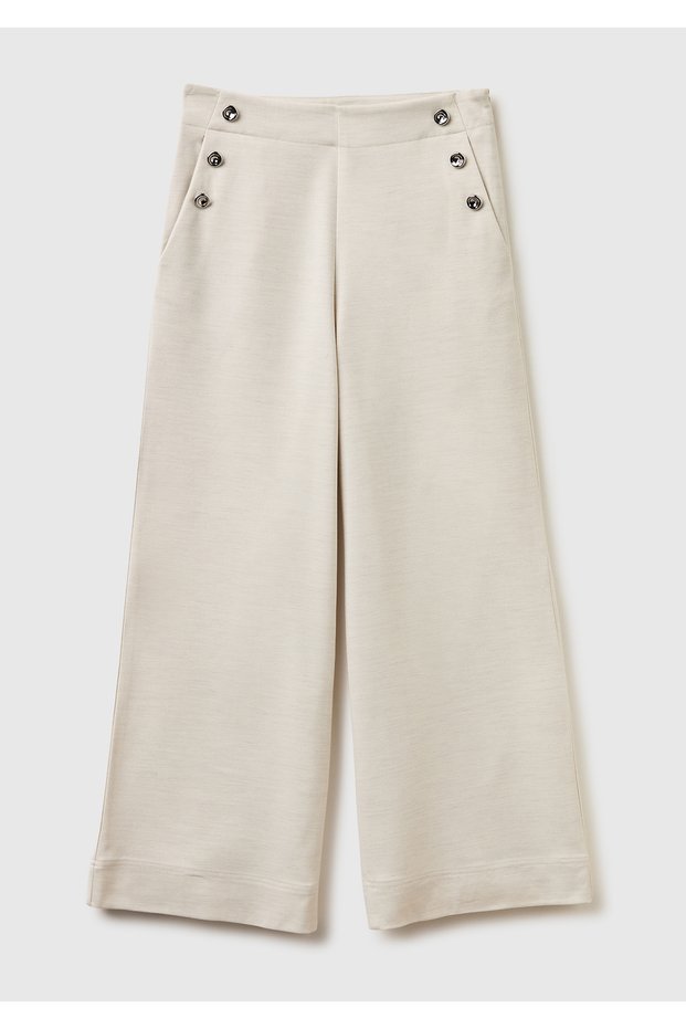 Women's Cream Wool Blend Wide Fit High Waist Trousers