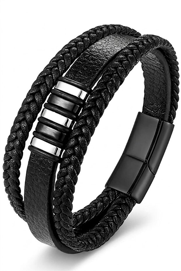 Black Color Leather Braided Bracelet Magnetic Clasp Stylish Design for Men