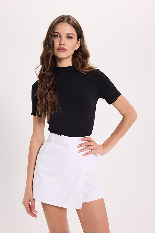 Women's Standard Fit Short Sleeve Half Turtleneck Black Blouse