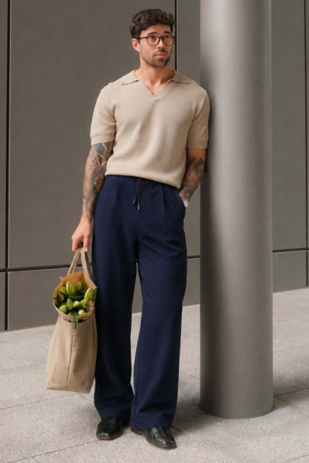 Navy Blue Adjustable Waist Pocket Detailed Loose Trousers 6545