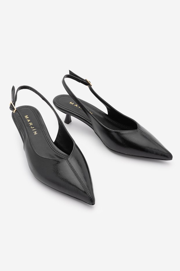 Women's Stiletto Open Back V-Neck Short Classic Heeled Shoes with Sewing Detail on the Front Orvani Black