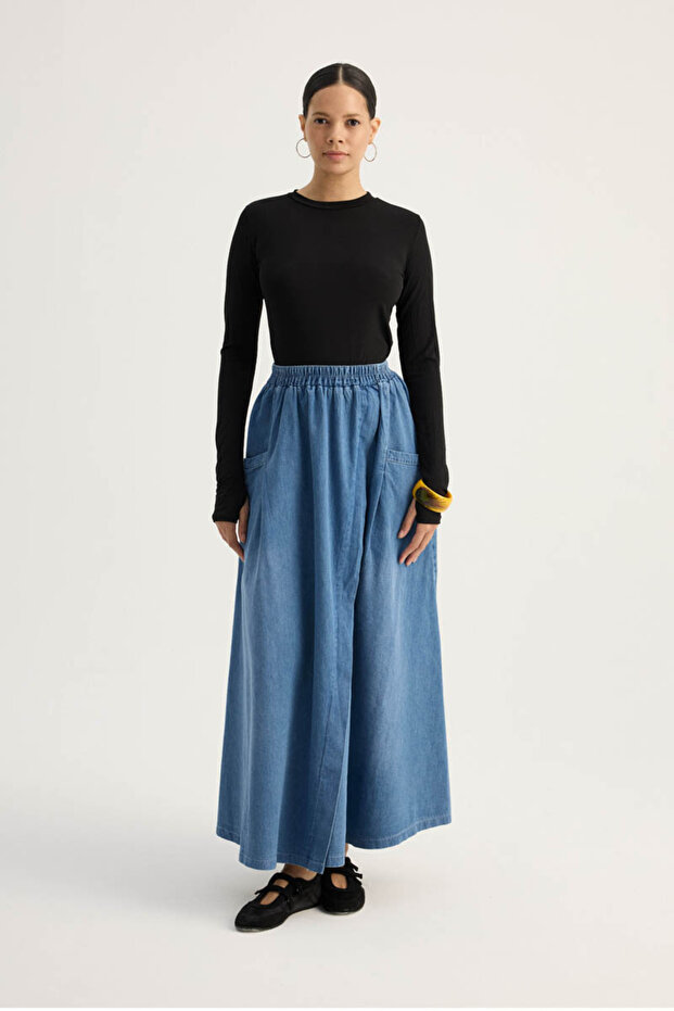 Blue Denim Skirt - Cross- Detailed