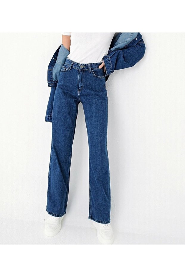 Serenay Dark Blue Lycra Super High Waist Palazzo Loose Jean Trousers