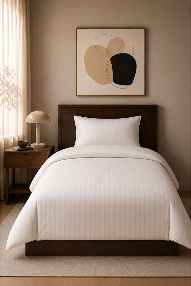 Cotton Satin Striped Single Duvet Cover Set White