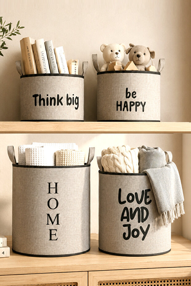 Set of 4 Eva Supported Modern Multi-Purpose Organizer Baskets - Jute Look Kids Room and Home Organizer Beige