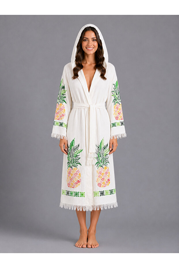 100% Cotton Muslin Bathrobe Pineapple – Breathable, Ultra Light, Quick-Drying Summer Bathrobe