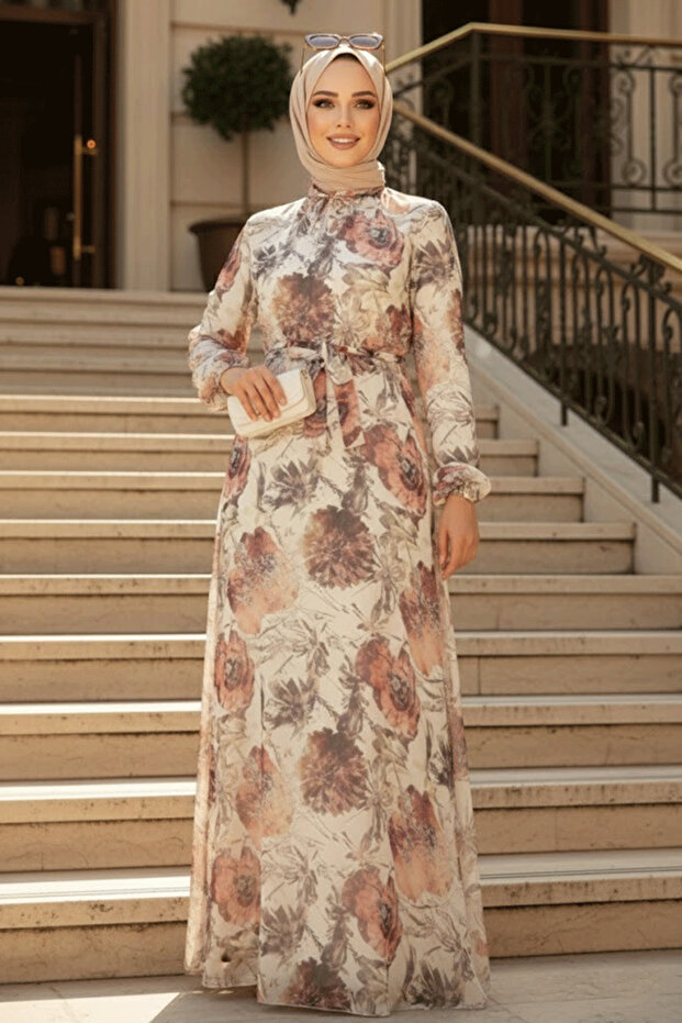 Floral Patterned Ecru Hijab Dress 279052E