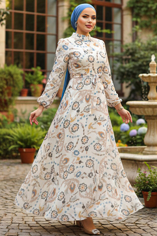 Floral Patterned Ecru Hijab Dress 279326E