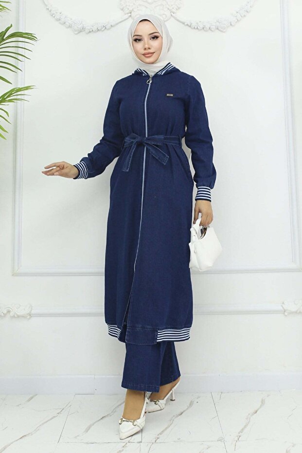 Hooded Ribbed Denim Suit Dark Blue 19244
