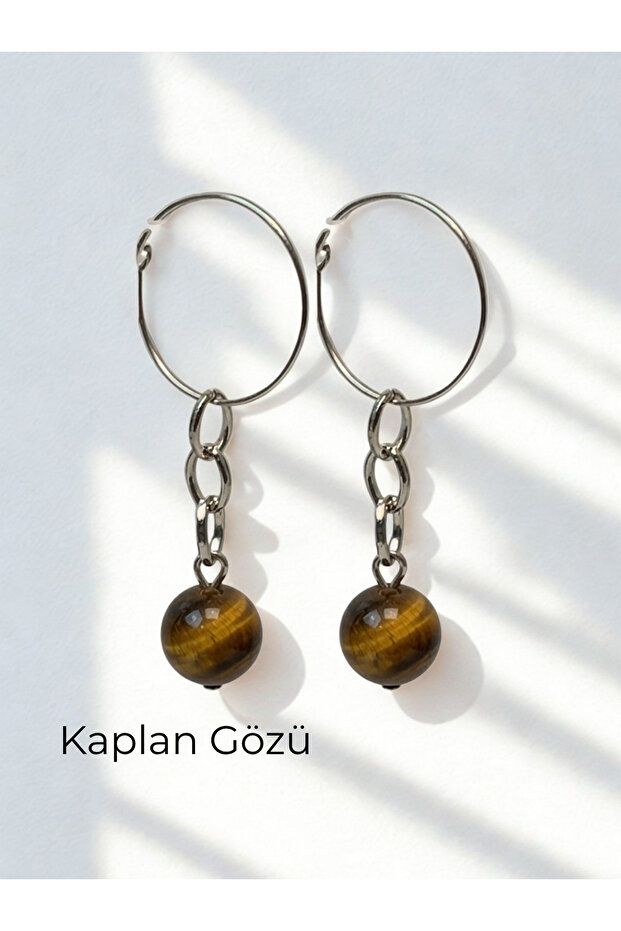 Natural Stone Dangle Women's Earrings 10 mm Hoop Silver Color 4-5 cm (Matte Obsidian / Lapis Lazuli / Citrine / Amethyst / Tiger's Eye / Jade)