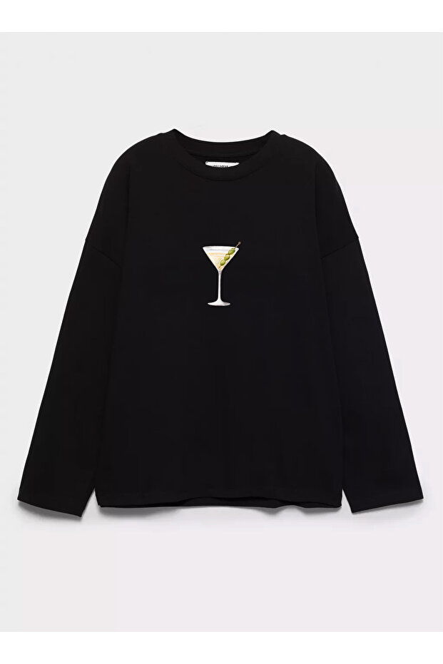 100% Cotton Oversize Fit Cocktail Printed - Crew Neck Long Sleeve T-Shirt