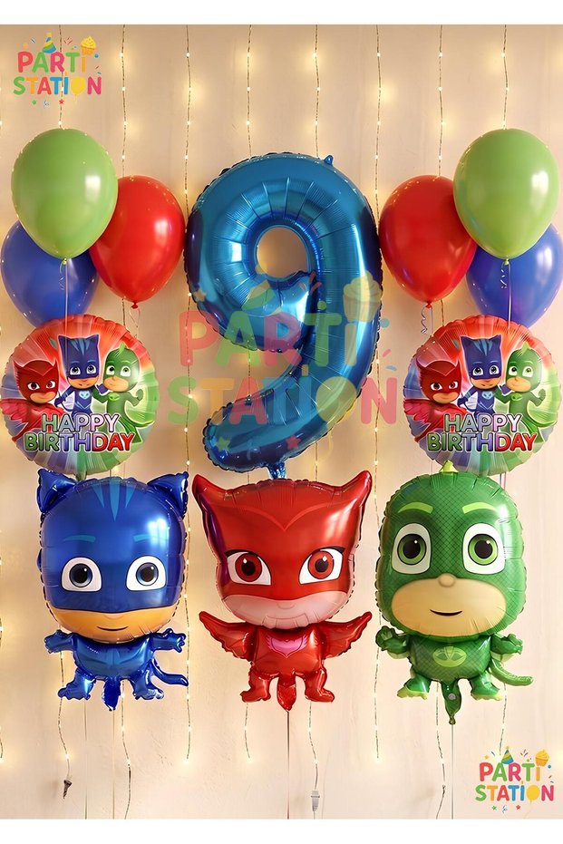 Pijamaskeliler 9 Years Old Balloon Set Pjmasks Concept Helium Balloon Set Pijamaskeli Birthday Set