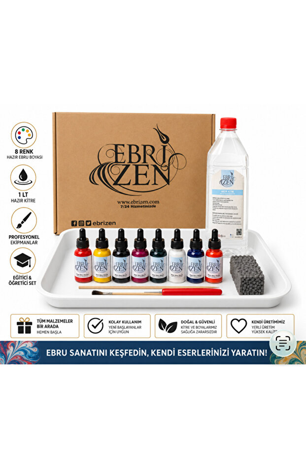 24 parça Hazır Ebru Eğitim Seti 8 Renk Hazır ebru boyası 1L Hazır kitre Ücretsiz video eğitimi ve destek - 1