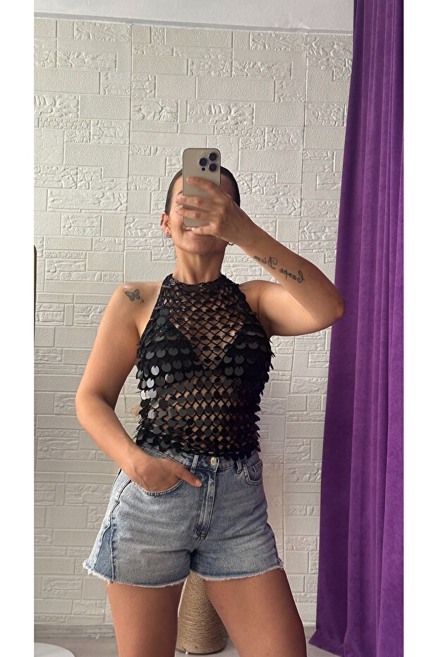 Black Chunky Sequin Embroidered Hand Knitted Halter Neck Blouse - Party Bustier