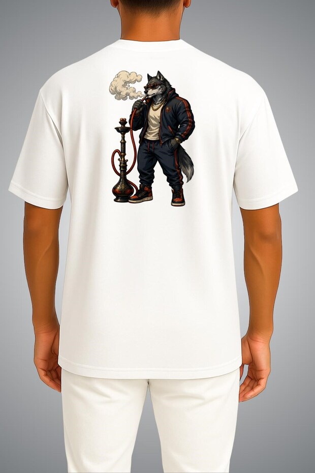 Oversize Unisex T-Shirt with Wolf Smoking a Hookah Printed on the Chest and Back