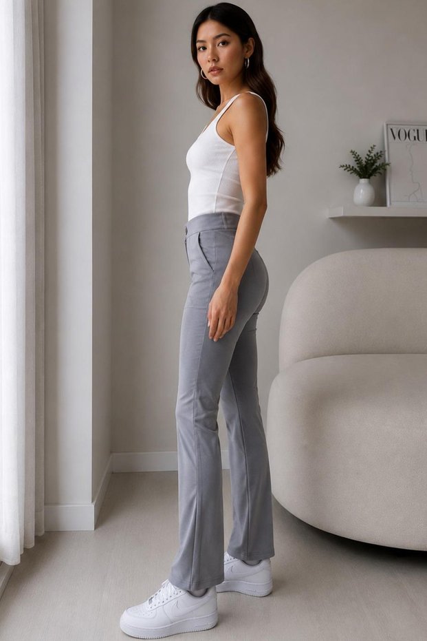 Yüksel Waist Enhancing Ribbed Stitched Spanish Leg Pants 4622 - Gray