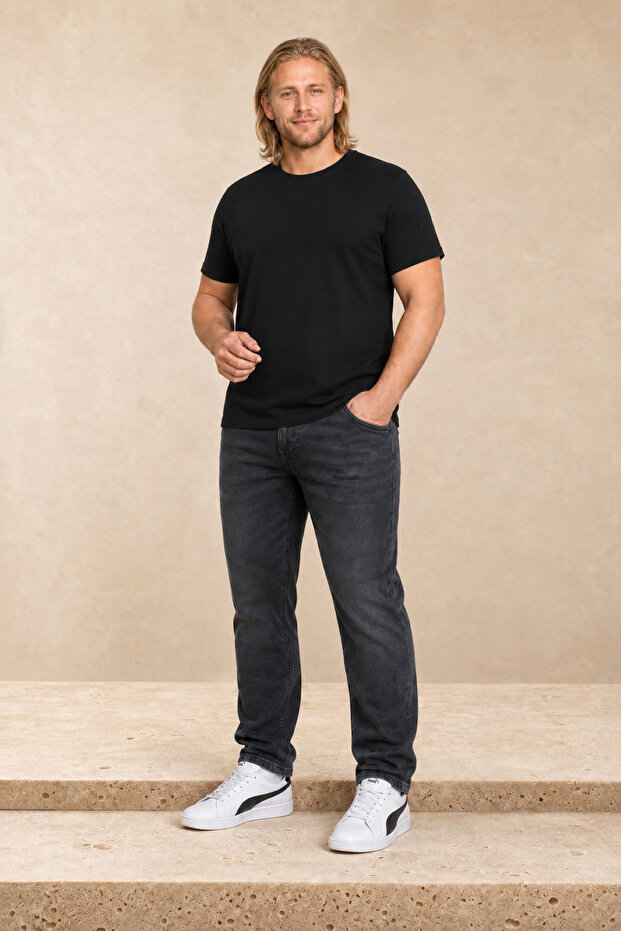 Men's Large Size Lycra Basic Crew Neck T-Shirt 11160 Black