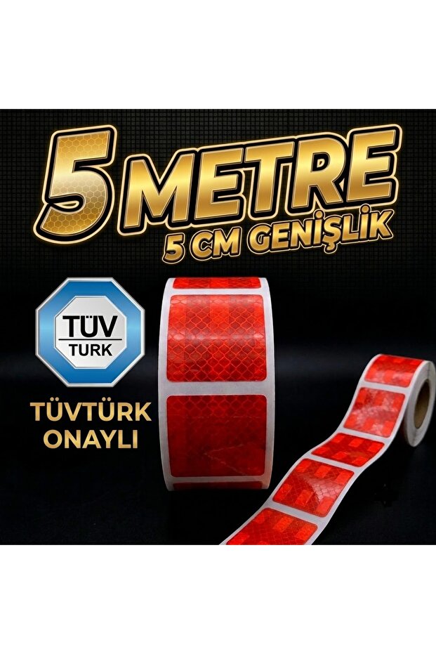 Tüvtürk Inspection Compatible - 5 Meters - 5 cm - Self-Adhesive - Segmented - Cuttable - Red Color - Reflective Tape - Reflective Strip Tape