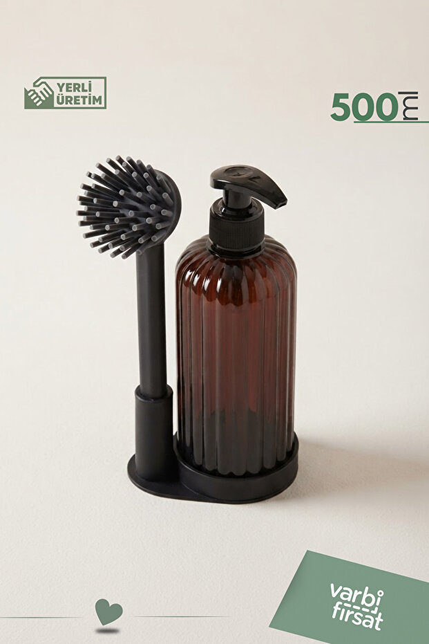 Liquid Detergent Dispenser and Cleaning Brush Set with Stand, One-Handed Operation, Kitchen and Bathroom