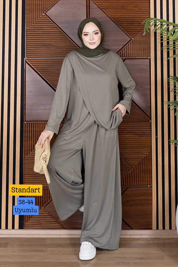 Women's Modal Cupra Fabric Asymmetrical Cut Hijab Suit 1224 Khaki - Premium Series