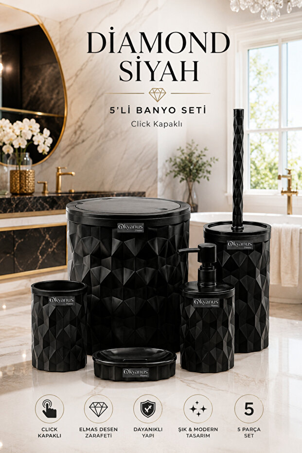 Diamond Black Click Cover 5-Piece Bathroom Set
