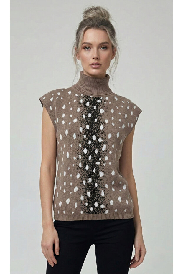 Bambi Patterned Soft-Textured Turtleneck Premium Women's Knitwear Sweater