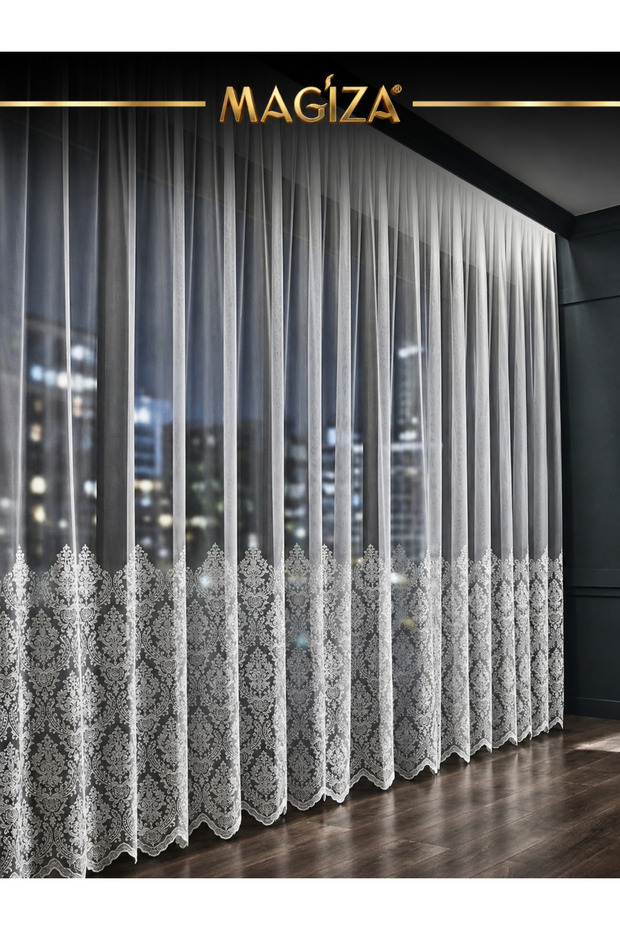 Tulle Curtain with Damask Pattern, No Ironing Required, 1E 2-Layer Sparse Pleats, Suitable for Living Room, Kitchen, Balcony and Rooms.
