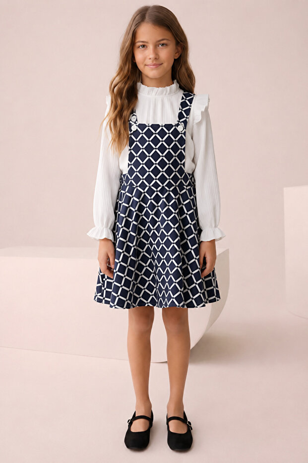 Girl's Baklava Pattern Salopet Jile and Corded Fabric Blouse Set - Ruffled 2-Piece Bottom Top Set