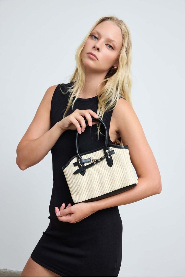 Perez Belt Detailed Straw Handbag and Crossbody Bag Black