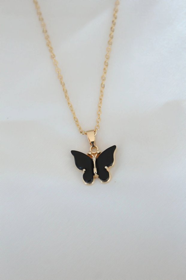 Gold Plated Black Colored Pearlescent Butterfly Necklace
