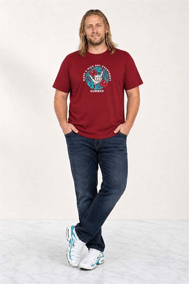 Big Size Men's Crew Neck T-Shirt Summer 23119 Bordo