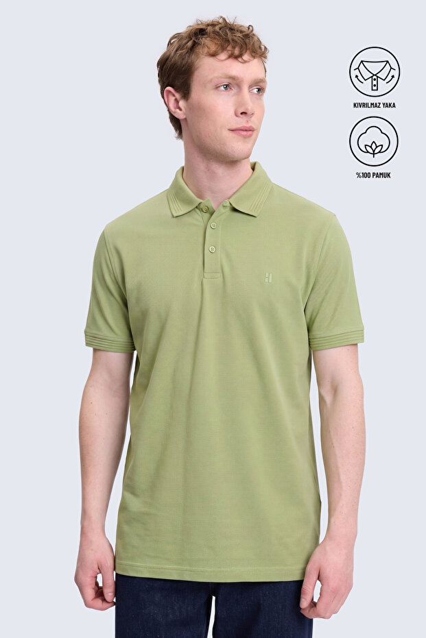 Green Regular Fit Non-Curling Polo Collar 100% Cotton T-Shirt