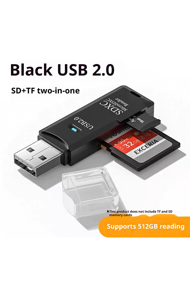قارئ وكاتب بطاقات USB 2.0 أسود اللون، محول فلاش درايف USB متعدد الوظائف 2 في 1، USB 2.0 مايكرو SD T