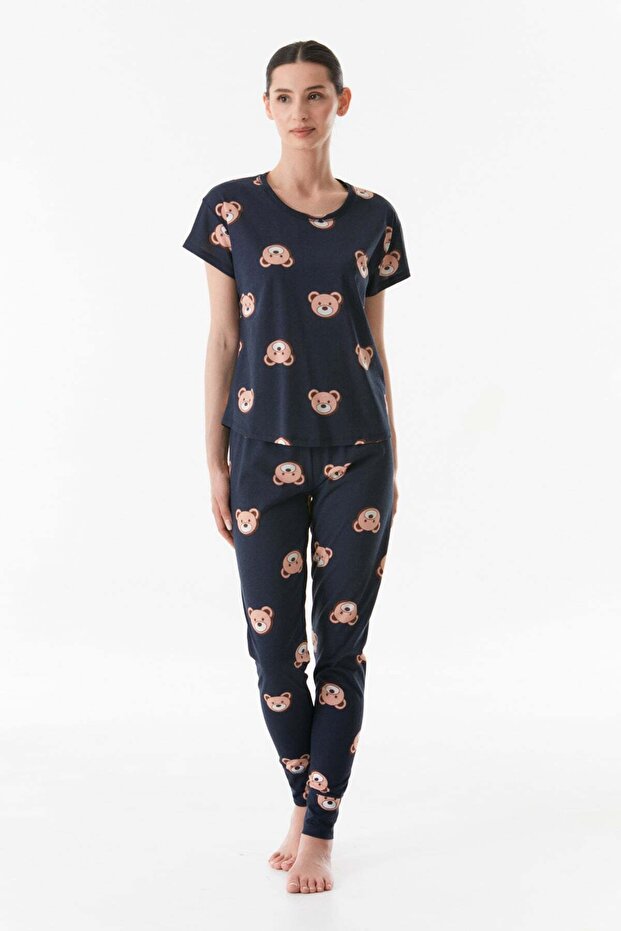 Crew Neck Teddy Bear Printed Pajama Set